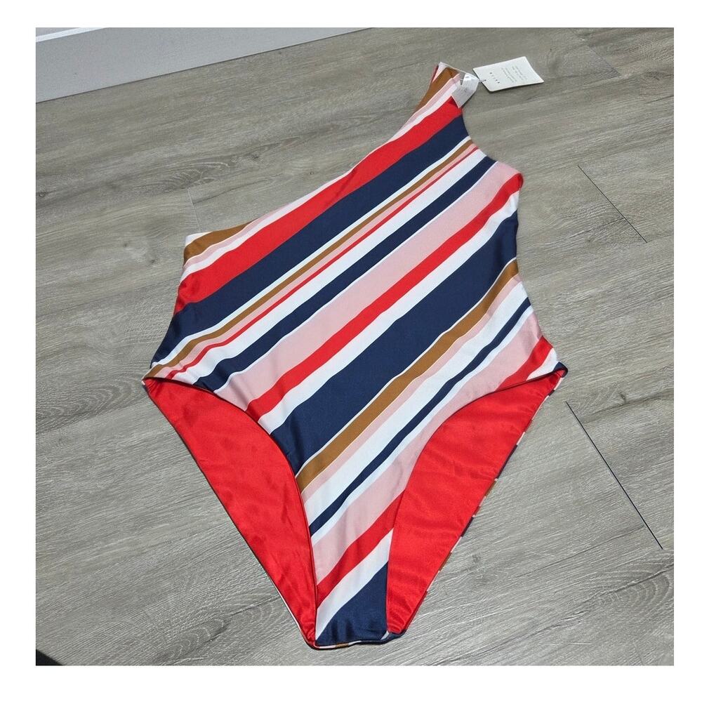 Baiia One Shoulder Striped Reversable One Piece Swimsuit Size 16 NWT